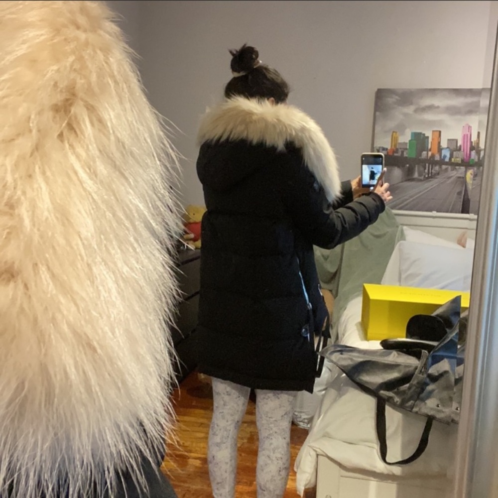 RUDSAK XS black winter coat with real white fur (removable) & attachable mittens